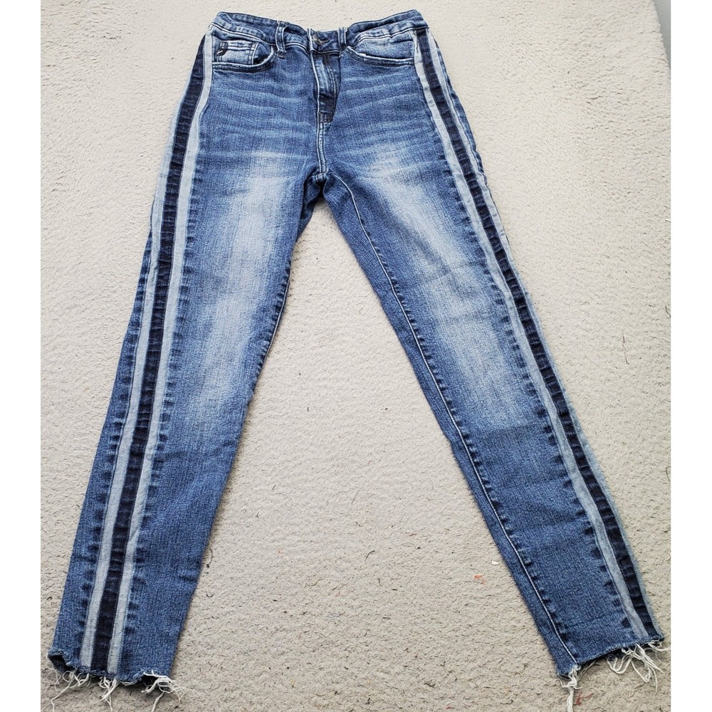 KanCan Skinny Jeans Womens 7 Blue Denim Stretch Boho Faded Raw Hem Whiskered